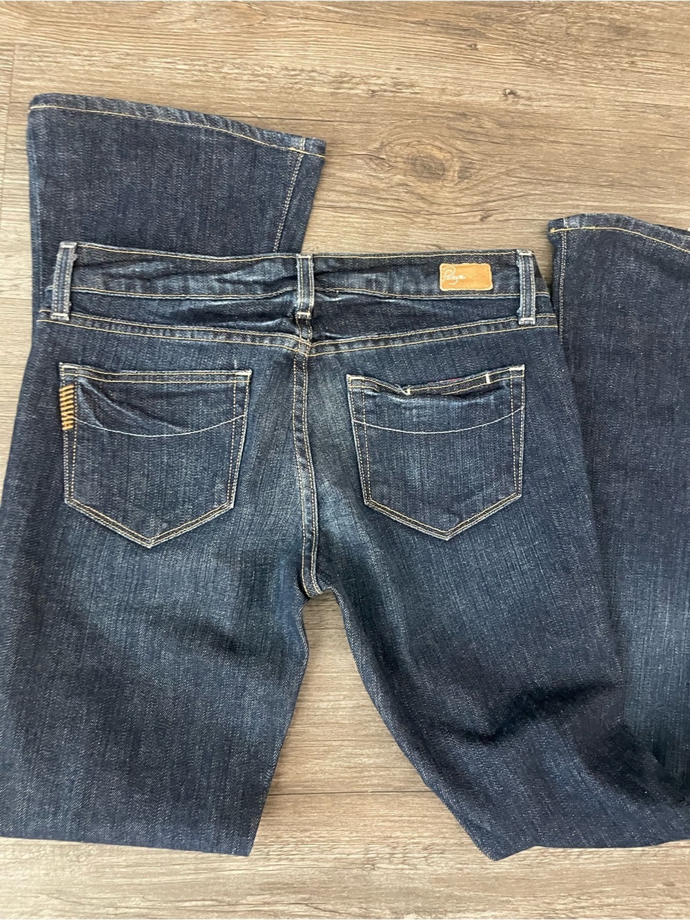 PAIGE Dark Blue Flare Jeans with Pink Waistband Detail - Picture 5 of 5